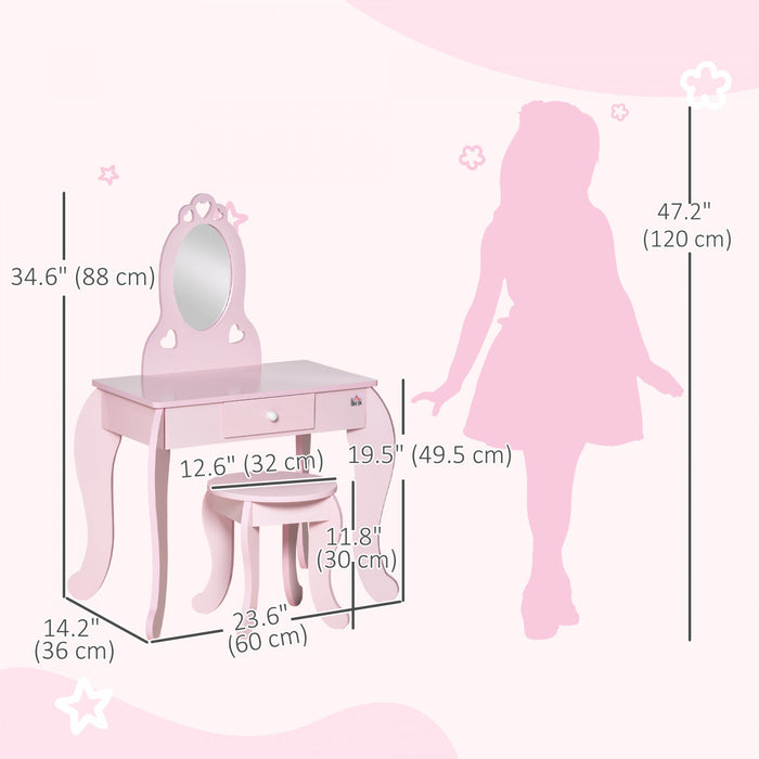 Qaba Kids Dressing Table Set, Vanity Table With Mirror And Stool, Princess Design Makeup Vanity Set With Storage Drawer, Gift For Girls 3-6 Years, Pink