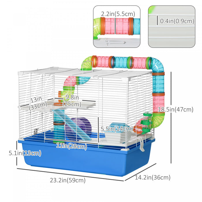 Pawhut Hamster Cage, Small Animal House, 3-level Guinea Pig Cage Gerbil Haven, Tunnel Tube System, With Water Bottle, Exercise Wheel, Food Dish, Ramps, Blue