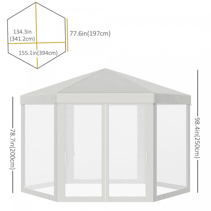 Outsunny Φ13' Hexagon Party Tent Patio Gazebo Outdoor Activity Event Canopy Quick Sun Shelter Pavilion With Netting Mesh Sidewall Cream White