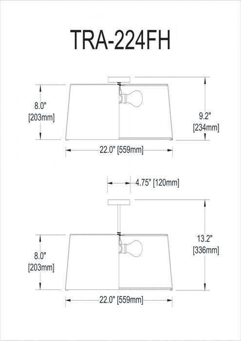 Dainolite Trapezoid 4 Light Flush Mount Tapered Drum Shaped Black/Cream Shade White Fabric Diffuser Lamp