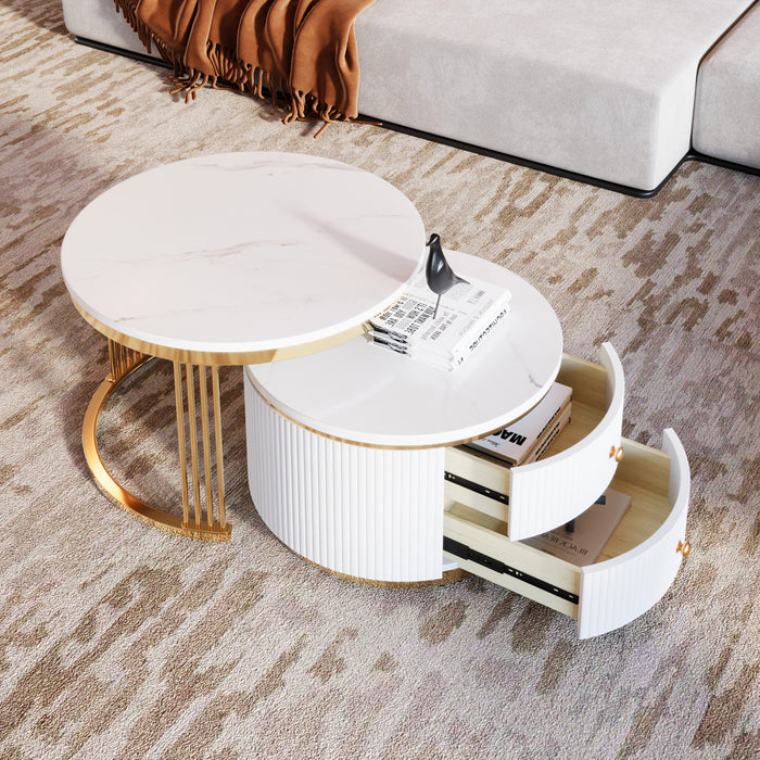 Thomas 27.6\" Modern Round Coffee Table With 2 Storage Drawers, White