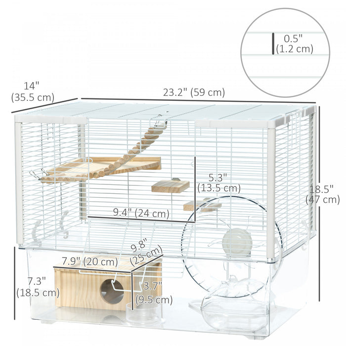 Pawhut Hamster Cage, Transparent Small Animal House With Deep Bottom, Wooden Ramp, Hut, Bathroom And Exercise Wheel For Hamster And Gerbil, 23.2\" L X 14\" W X 18.5\" H, Single Hut