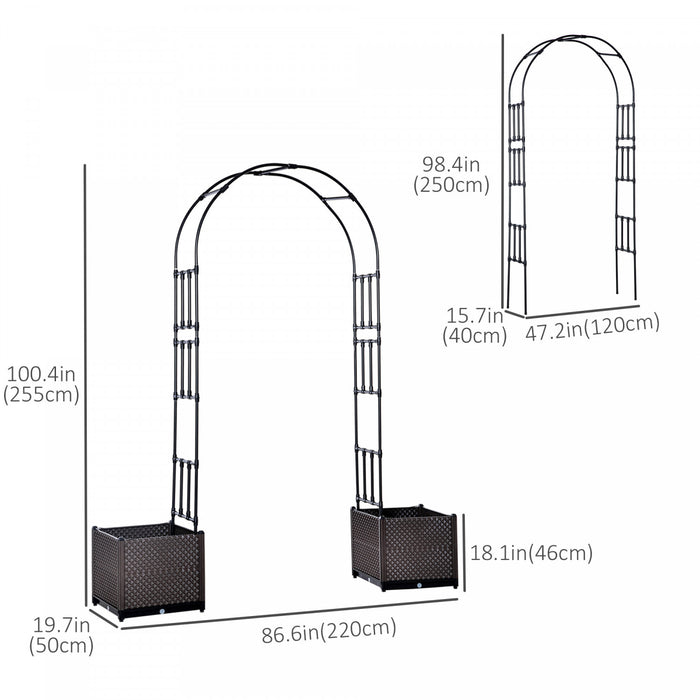 Outsunny 8ft Garden Arch With Two Planters Outdoor Steel Trellis Arbor For Climbing Plants, Weddings, Party, Brown, Black