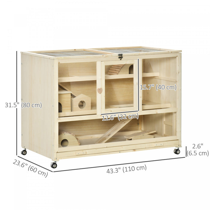 Pawhut Wooden Hamster Cage, 3 Tier Rat Cage With Openable Roof, Run, Ladders, Wheels, Tray, For Hamsters, Rats, Syrian, Small Animals Exercise Play House, Natural Wood