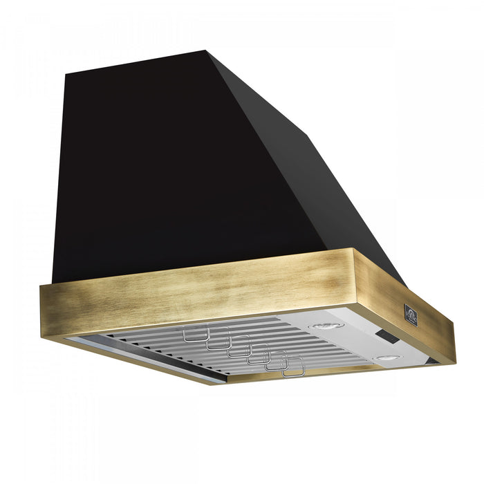 Forno Vittorio 36-Inch Wall Mount Range Hood, Black with Antique Brass Trim- FRHWM5078-36BLK