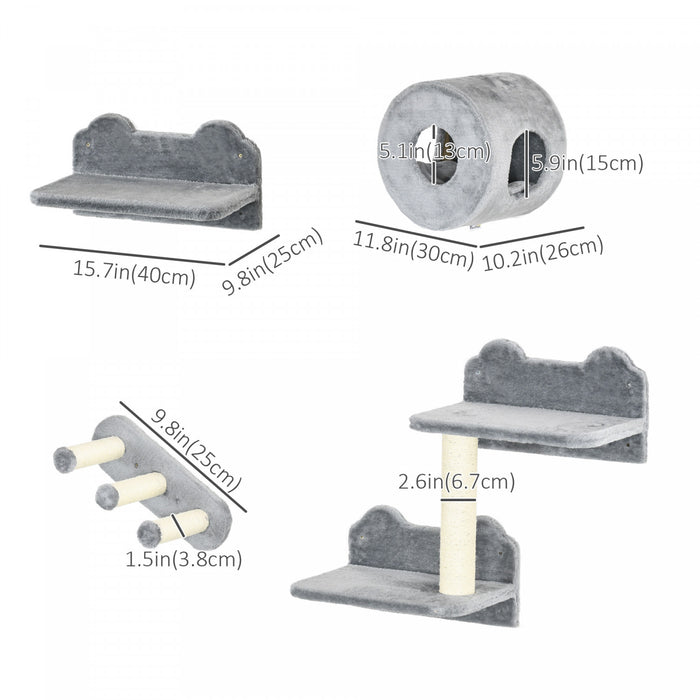 Pawhut 4 Pcs Cat Wall Shelves, Pet Wall-mounted Climbing Shelf Set, Kitten Activity Centre With Condo, Cushion, Scratching Post, Jumping Platform, Grey