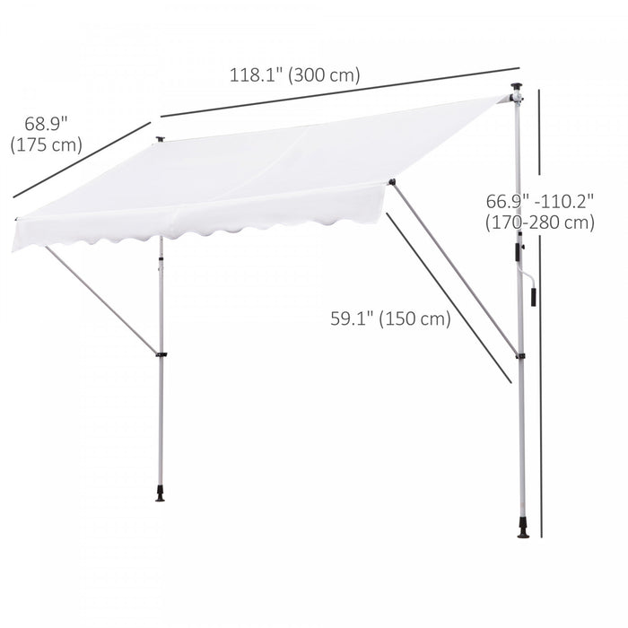 Outsunny 10x5ft Manual Retractable Awning, Patio Sun Shade Canopy Shelter With 5.6-9.2ft Support Pole, Water Resistant Uv Protector, For Window, Door, Porch, Deck, White