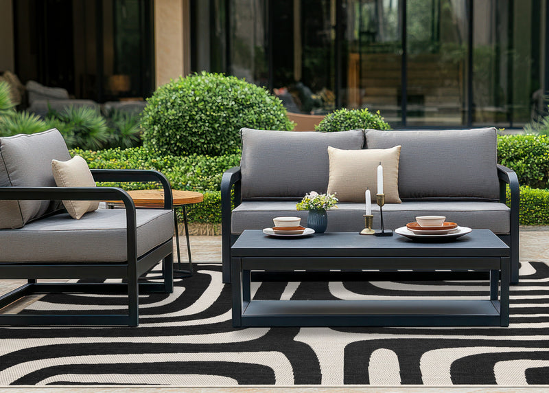 Jackson Black White Abstract Lines Outdoor Rug, 6'7