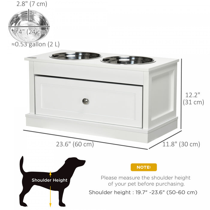 Pawhut Elevated Dog Bowls With Storage Drawer, Raised Dog Bowls With Stand, 2 Stainless Steel Bowls For Large Dogs, White