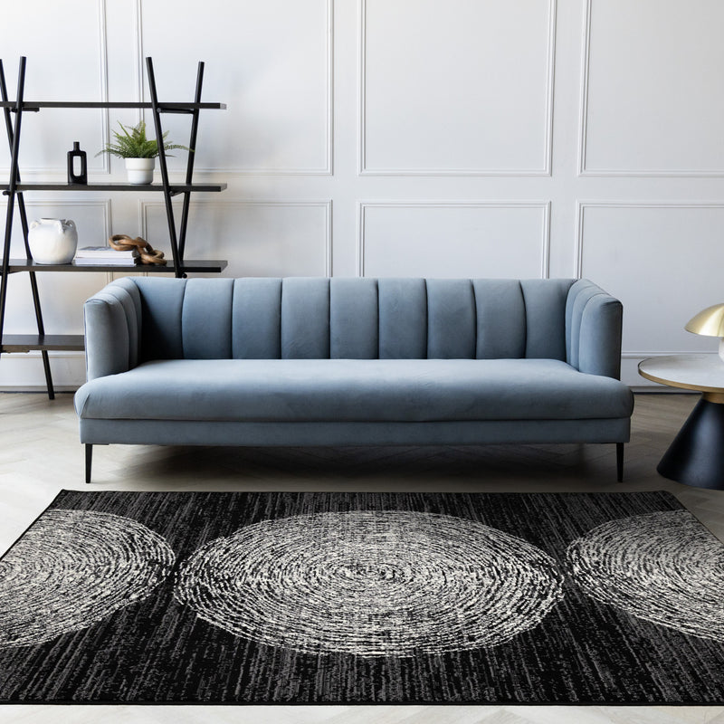 Florence Black Grey White Tree Ring Design Rug, 7'9