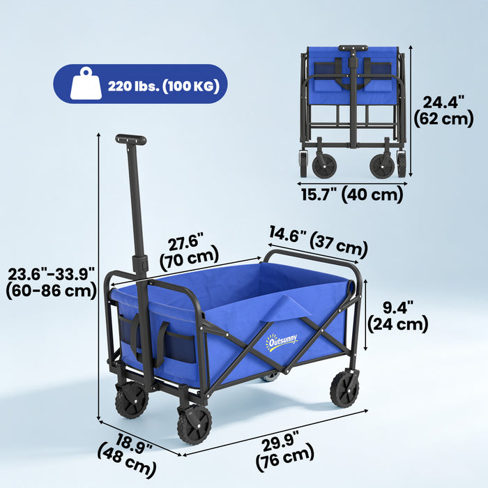 Outsunny Collapsible Folding Wagon Cart, Heavy Duty Outdoor Utility Garden Cart with Universal Wheels and Adjustable Handle for Sports, Camping, Shopping, Blue