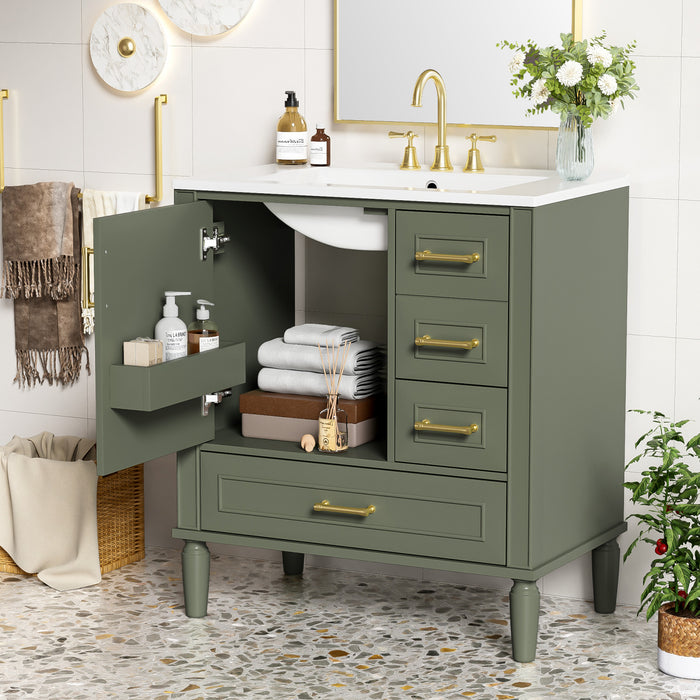 Emerson 30 Inch Bathroom Vanity with Ceramic Sink and Three Drawers, Olive Green