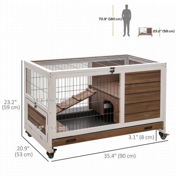 Pawhut Wooden Indoor Rabbit Hutch Elevated Bunny Cage Habitat With Enclosed Run With Wheels, Suitable For Rabbits And Guinea Pigs, Brown