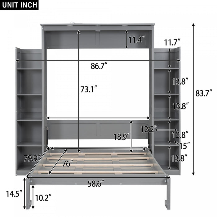 Aiden Murphy Bed with Shelves and LED Lights,Full Size,Grey Full Bed