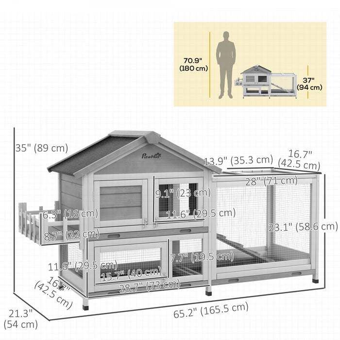 Pawhut 65\" Wooden Rabbit Hutch, Pet Playpen With Openable Roof, Bunny House Enclosure With Storage Box, Ramp, Slide-out Tray, For Rabbits And Small Animals - Grey