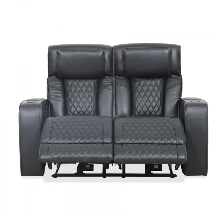 Kingsley 58 in. Leather Match Power Reclining Loveseat with Armrest Storage and USB - Black
