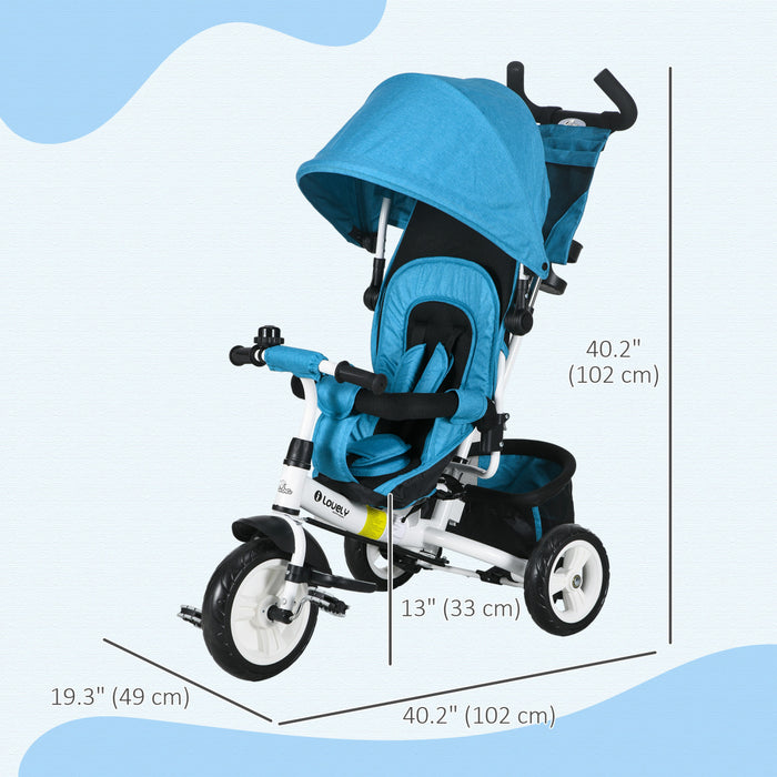 Qaba 6 In 1 Toddler Tricycle, Kids Trike With Foldable Canopy, Removable Parent-push Handle And Cover, Storage Basket, 5-point Safety Belt, For Child 1-5 Years, Blue
