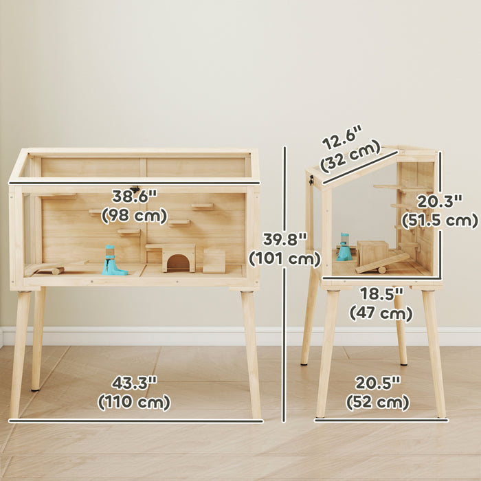 PawHut Wooden Hamster Cage, Gerbil Cage with Openable Top, Seesaws, Platforms, Water Bottle, Hamster Habitat with Transparent Viewing for Syrian, Dwarf, Rats, 43.3\" x 20.5\" x 39.8\"