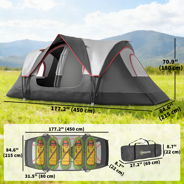 Outsunny Camping Tent, 6 Person Tent with 2 Bedroom, Rainfly, Dark Grey