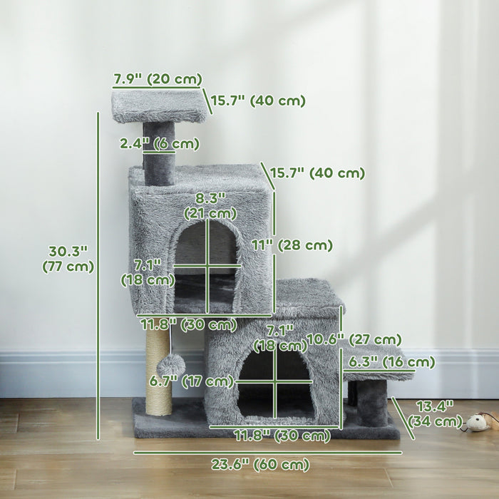 PawHut Adjustable Height Cat Stairs, 4-Step Pet Steps with Scratching Posts, Cat Condo, Hanging Ball, Dog Stairs for Sofa and High Bed, for Kittens and Small Dogs, Grey