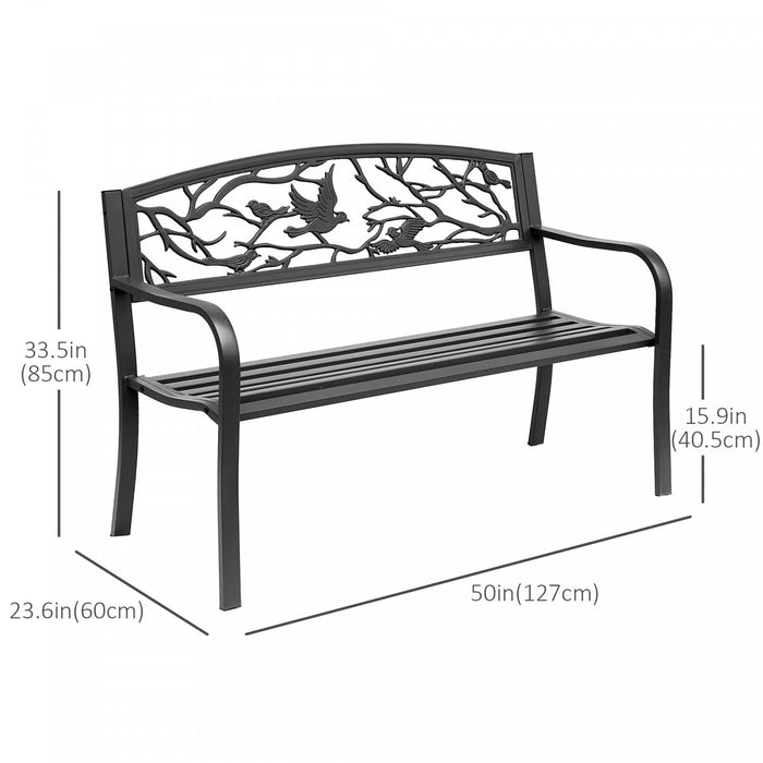 Outsunny 50\" Outdoor Metal Garden Bench With Vintage Bird Pattern, Black
