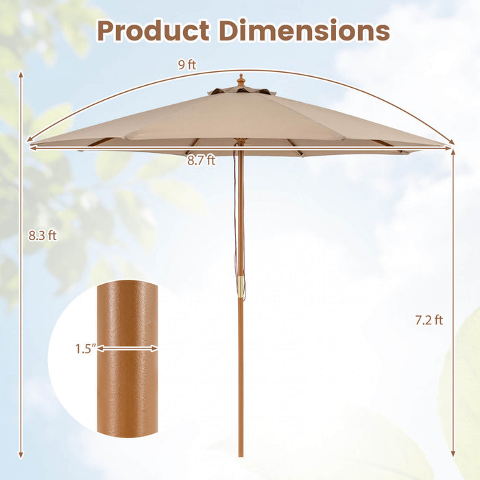 Costway 9 FT Patio Umbrella with Adjustable Height. Rope Pulley Lift. Vented Top for Beach Khaki Tan