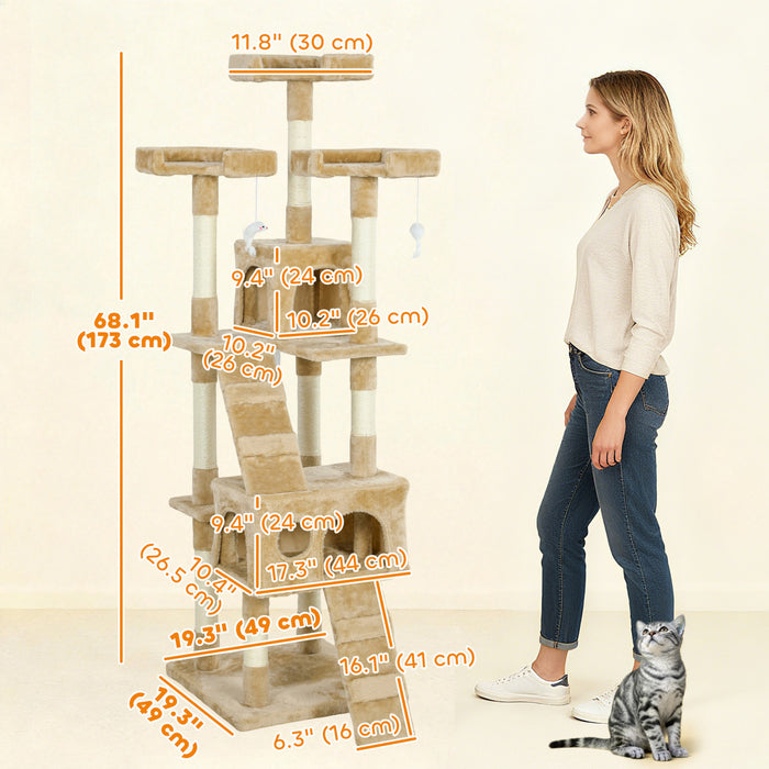 PawHut 68 inches Cat Tree, Multi-Level Large Cat Tower Condo with Scratching Posts, Perches, Cat Houses, Dangling Toy, Light Brown