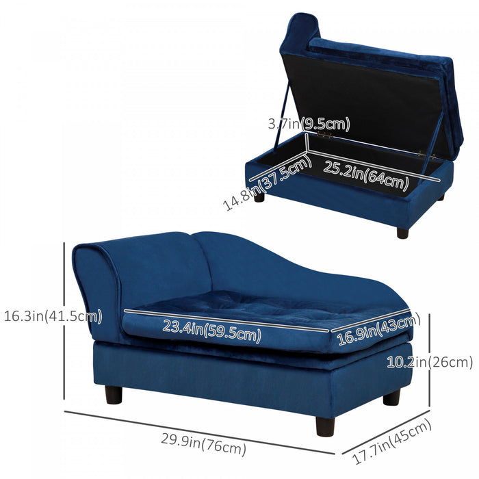 Pawhut Pet Sofa Dog Couch Chaise Lounge Pet Bed With Storage Function Small Sized Dog Various Cat Sponge Cushioned Bed Lounge, Blue