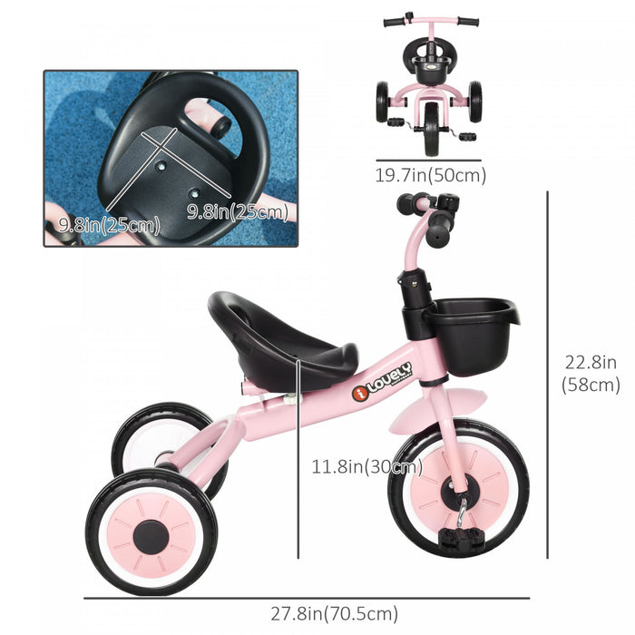 Qaba Tricycle For Toddler 2-5 Year Old Girls And Boys, Toddler Bike With Adjustable Seat, Basket, Bell, Pink
