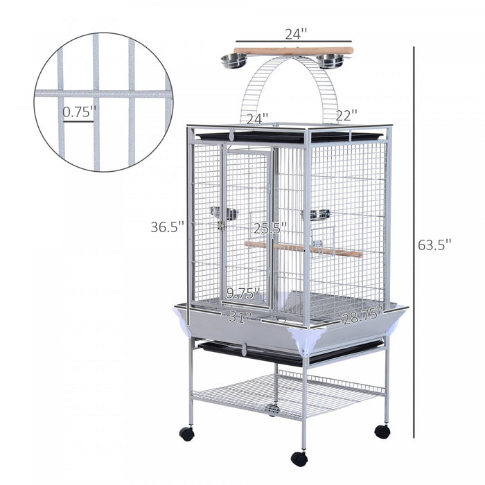 Pawhut 63.5\" Bird Cage For Cockatiels, Conure, African Greys, Porcupines, Indian Ringnecks, Parrot Cage With Wheels, Bird Feeder Stand, Play Top House, Silver