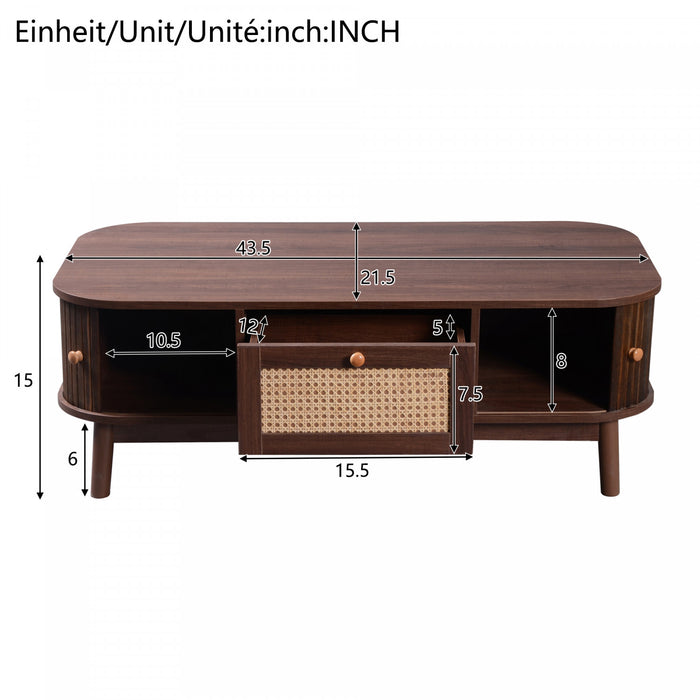 Grain 43.5 Inch Rattan Coffee Table with Sliding Doors, Drawers and Solid Wood Legs, Wood
