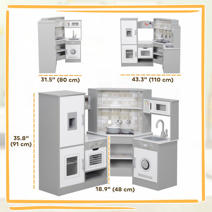 Qaba Corner Play Kitchen, Kids Kitchen Playset, Pretend Play Kitchen Set With Lights & Sounds, Stove Ice Maker Microwave Oven, Clock, Gift For Boys And Girls Aged 3+ Years