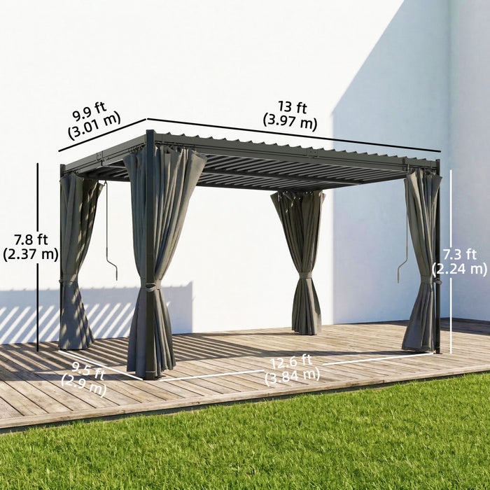 Outsunny 10 x 13 ft Outdoor Louvered Pergola with Steel Roof, Curtains, Grey