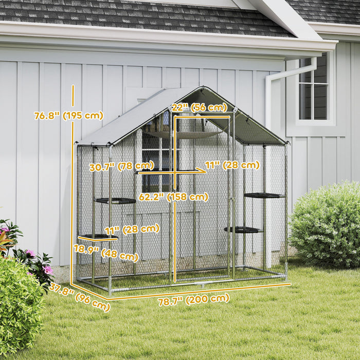 PawHut Large Catio Outdoor Cat Enclosure, Galvanized Steel Walk-in Kitty Cage for Multiple Kittens, with Waterproof Cover, 5 Adjustable Platforms, Hammock, 79\" W x 38\" D x 77\" H