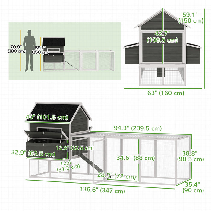 PawHut 137\"L Chicken Coop, Wooden Large Hen House with Chicken Run, Nesting Box, Poultry Cage for Outdoor, Backyard, Dark Grey