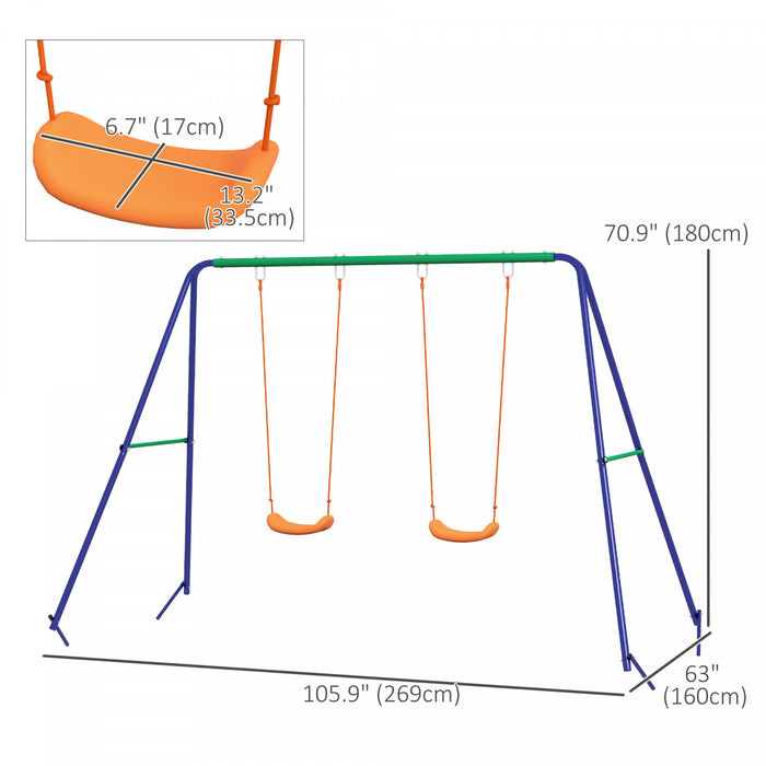 Outsunny Kids Swing Set For Backyard Outdoor Metal Swing Frame With Double Swing Seats, Ground Stakes For 1-2 Children Aged 3-8 Years Old