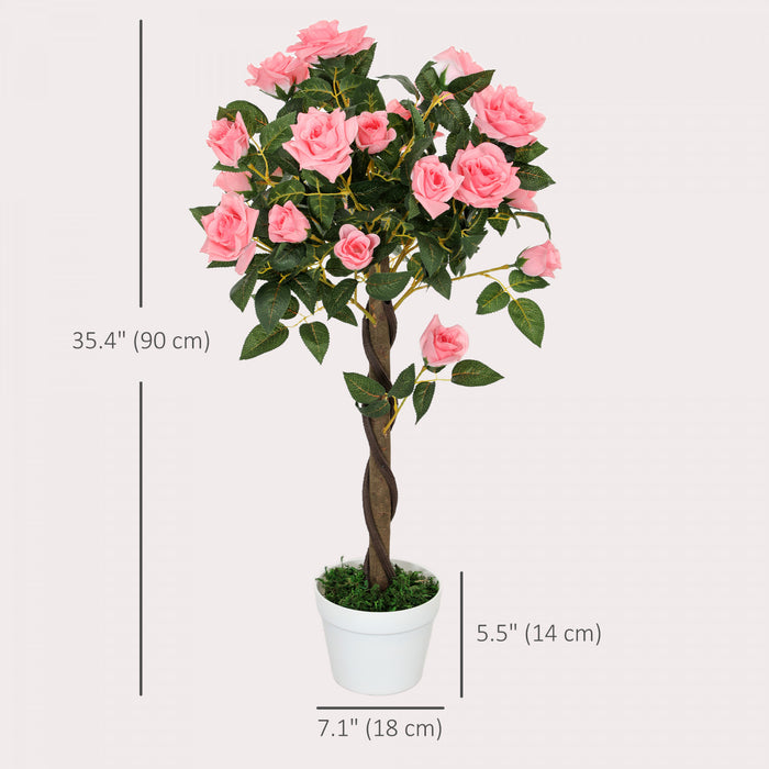 Outsunny Artificial Rose Tree Set of 2 with Realistic Flowers, Pink