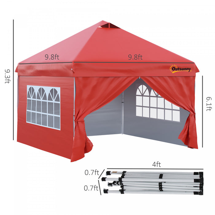 Outsunny 10' X 10' Pop Up Canopy Tent, Instant Sun Shelter, Tents For Parties, With Wheeled Carry Bag, For Outdoor, Garden, Patio, Red