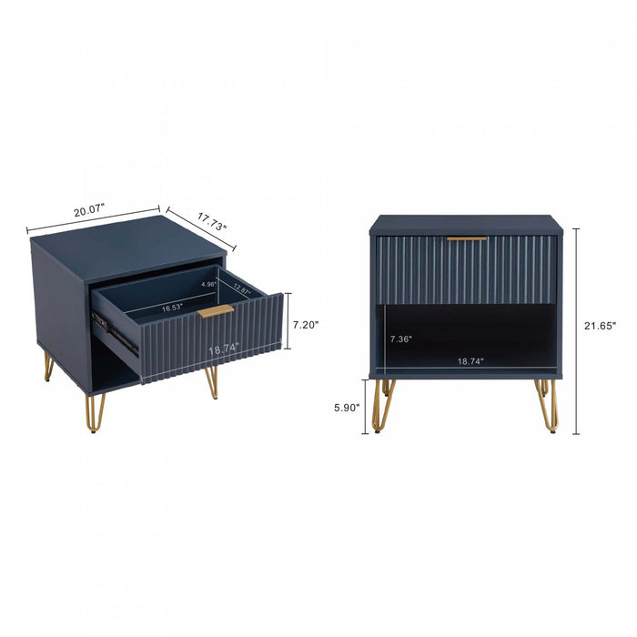 Dumbo Modern 20\" Fluted Nightstand in Midnight Blue (1-Drawer) - Set of 2