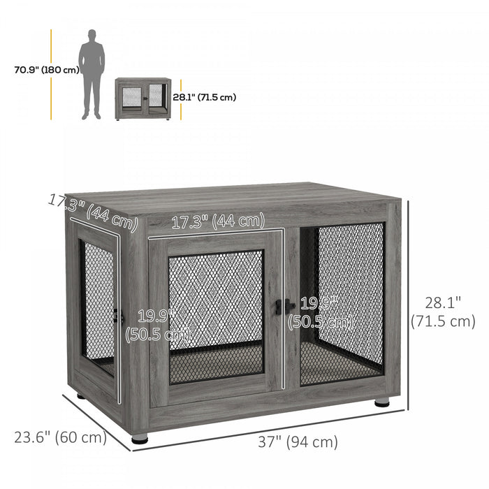 Pawhut Double-door Dog Crate Furniture For Medium Small Dogs, Pet Crate End Table With Water-resistant Cushion, Wooden Dog Kennel Furniture For Indoor Use, Grey