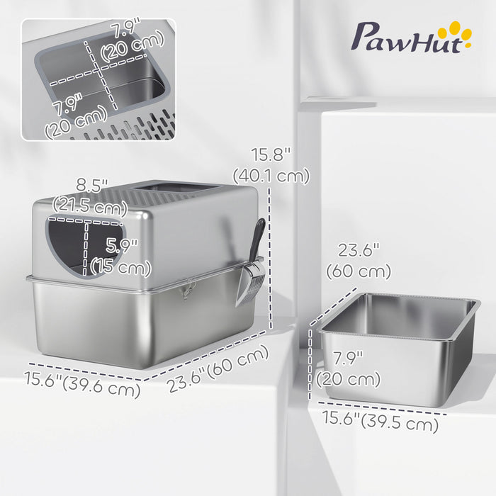 PawHut Stainless Steel Cat Litter Box with Lid, Extra Large Enclosed Litter Box with Top Litter-Catching Holes, Scoop, Dual Entry, Easy Clean, Silver