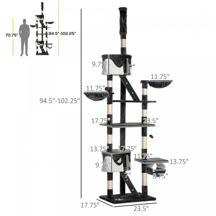 Pawhut Cat Tower For Large Cats Adult, Floor To Ceiling Cat Tree Adjustable Height 94\"-102\" Multi-level With Scratching Posts, Cozy Hammock, Dangling Ball Toy, White