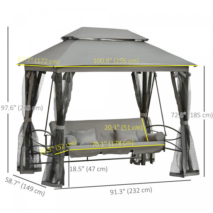 Outsunny 3 Person Outdoor Patio Daybed 3 In 1 Canopy Gazebo Swing Chair Garden Hammock With Mesh Mosquito Net And Sun Shade, Grey
