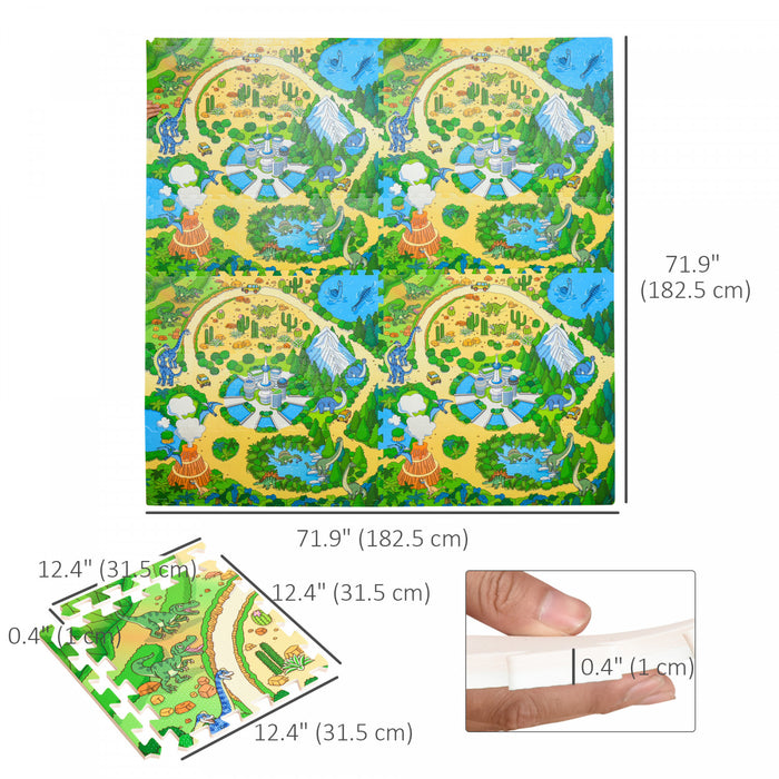 Qaba Kids Foam Puzzle Floor Tiles Baby Toddler Play Mat 36pcs Anti-slip Crawling Learning With End Border Dinosaur Land Pattern 35sqft Eva