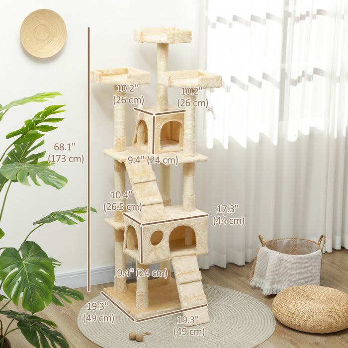 Pawhut 68 Inches Cat Tree, Multi-level Large Cat Tower Condo With Scratching Posts, Perches, Cat Houses, Dangling Toy, Beige