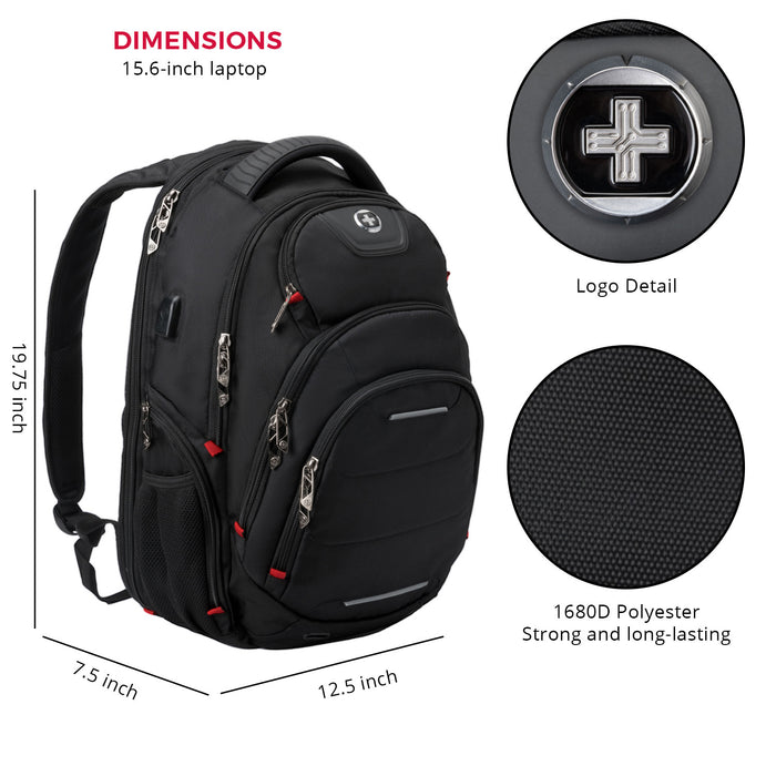 Swissdigital Neptune Backpack – 16\" Laptop Bag, USB Charging, SDD Finder, RFID Protection, TSA-Friendly, Add-A-Bag System