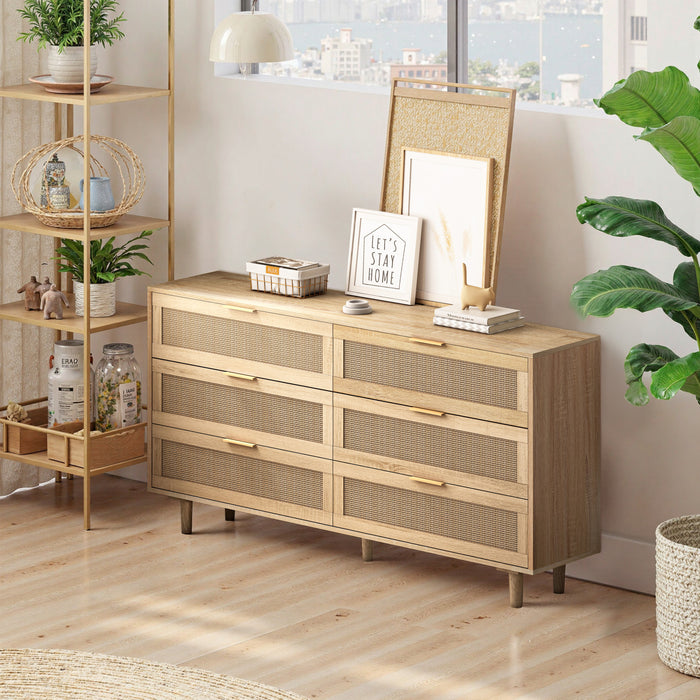 59\" Mila Modern 6 Drawer Rattan Storage Cabinet with Engineered Wood Frame- Natural