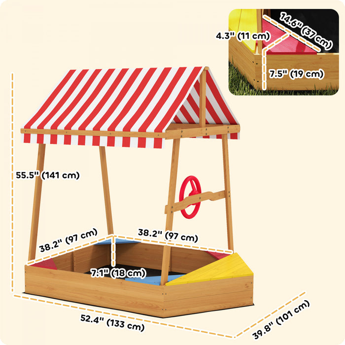 Qaba Kids Sandbox with Cover, 4 Seats, Boat Wooden Sand Pit with Rudder, Deck, Bottom Liner, Outdoor Sand Box for Backyard, Garden, Beach, 52\" x 40\" x 55.5\", for Ages 3-8, Yellow