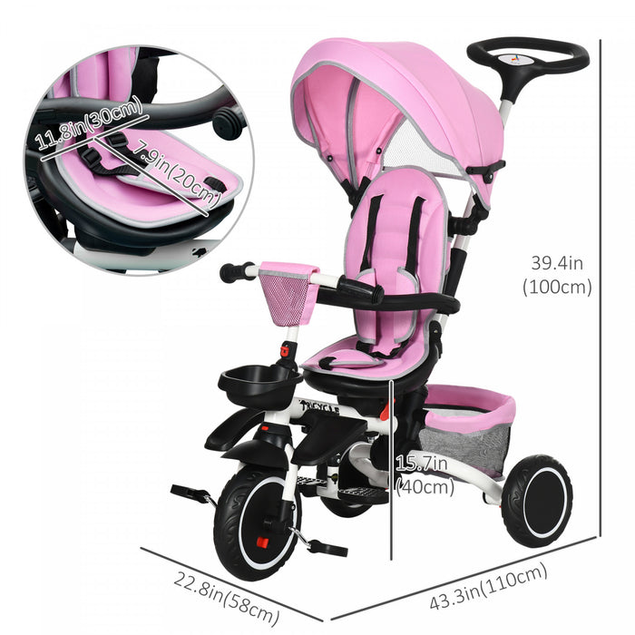 Aosom 6-in-1 Toddler Tricycle, Kids Trike With Rotatable Seat, Adjustable Push Handle, Safety Harness, Detachable Canopy, Semi-reclining Footrest, For 12-50 Months, Pink