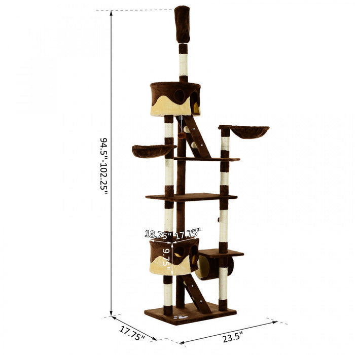Pawhut 94\"-102\" Huge Cat Tree Ceiling High Cat Condo Scratching Post Activity Center Multi-level Play House Brown